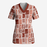 Vintage Aloha Block Quilt Scrub Top Red Inspired Lei Motifs LT9 Adult Red - Polynesian Pride