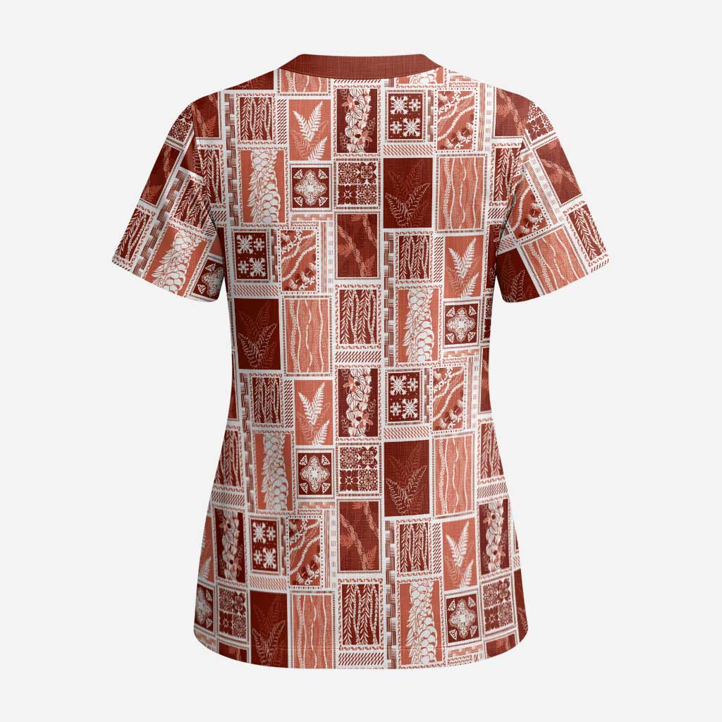 Vintage Aloha Block Quilt Scrub Top Red Inspired Lei Motifs LT9 - Polynesian Pride