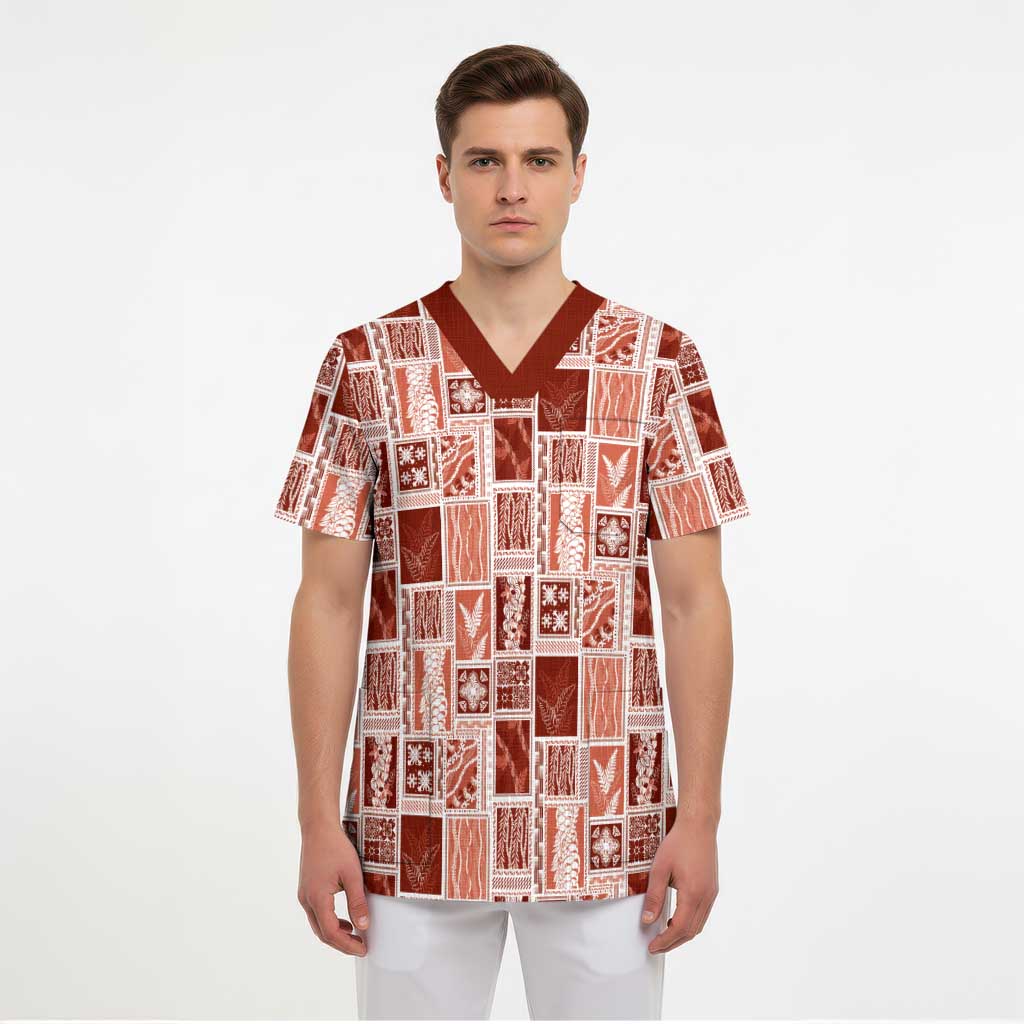 Vintage Aloha Block Quilt Scrub Top Red Inspired Lei Motifs LT9 - Polynesian Pride