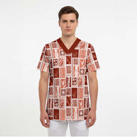 Vintage Aloha Block Quilt Scrub Top Red Inspired Lei Motifs LT9 - Polynesian Pride