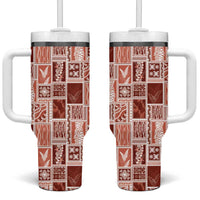 Vintage Aloha Block Quilt Tumbler With Handle Red Inspired Lei Motifs - Polynesian Pride