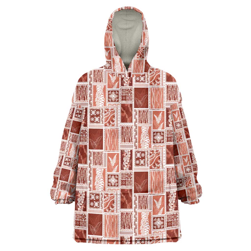 Vintage Aloha Block Quilt Wearable Blanket Hoodie Red Inspired Lei Motifs - Polynesian Pride