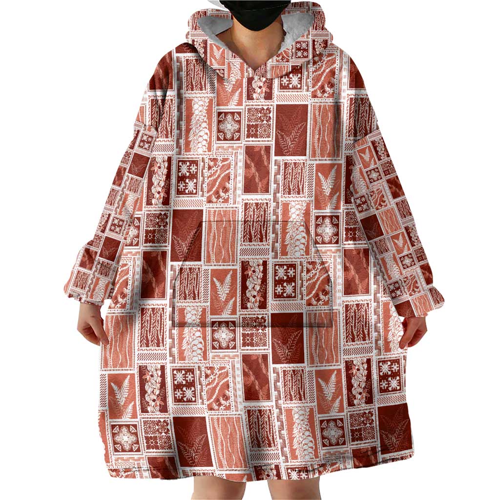 Vintage Aloha Block Quilt Wearable Blanket Hoodie Red Inspired Lei Motifs - Polynesian Pride