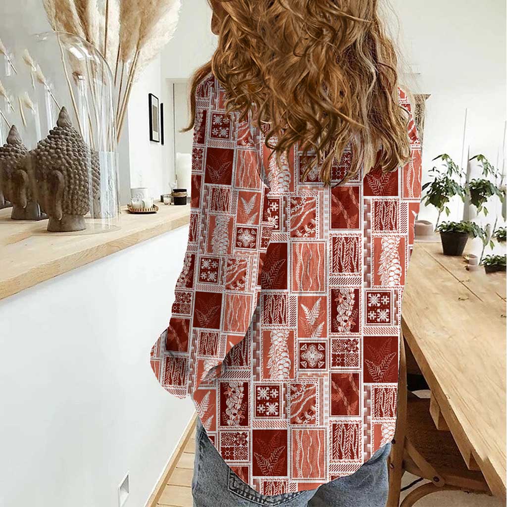 Vintage Aloha Block Quilt Women Casual Shirt Red Inspired Lei Motifs LT9 - Polynesian Pride