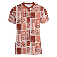 Vintage Aloha Block Quilt Women V-Neck T-Shirt Red Inspired Lei Motifs LT9 Female Red - Polynesian Pride