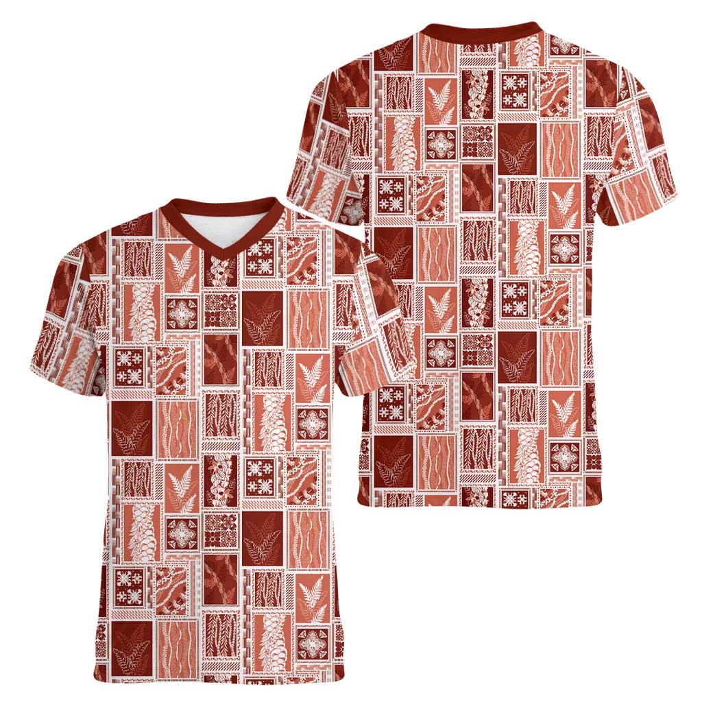 Vintage Aloha Block Quilt Women V-Neck T-Shirt Red Inspired Lei Motifs LT9 - Polynesian Pride