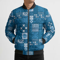 Vintage Hawaiian Quilting Patterns Bomber Puffer Jacket Blue Style Tribal Fabric Patchwork - Polynesian Pride