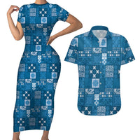 Vintage Hawaiian Quilting Patterns Couples Matching Short Sleeve Bodycon Dress and Hawaiian Shirt Blue Style Tribal Fabric Patchwork - Polynesian Pride