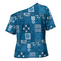 Vintage Hawaiian Quilting Patterns Cross Shoulder Shirt Blue Style Tribal Fabric Patchwork - Polynesian Pride