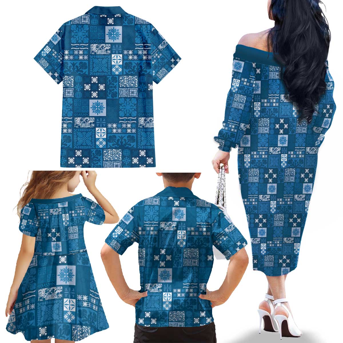 Vintage Hawaiian Quilting Patterns Family Matching Off The Shoulder Long Sleeve Dress and Hawaiian Shirt Blue Style Tribal Fabric Patchwork - Polynesian Pride