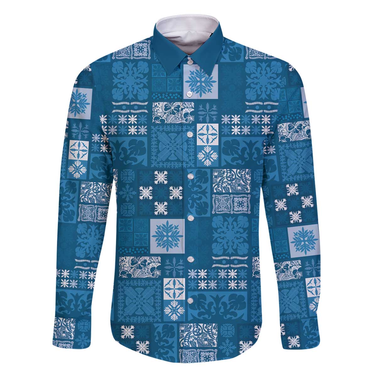 Vintage Hawaiian Quilting Patterns Family Matching Off The Shoulder Long Sleeve Dress and Hawaiian Shirt Blue Style Tribal Fabric Patchwork - Polynesian Pride