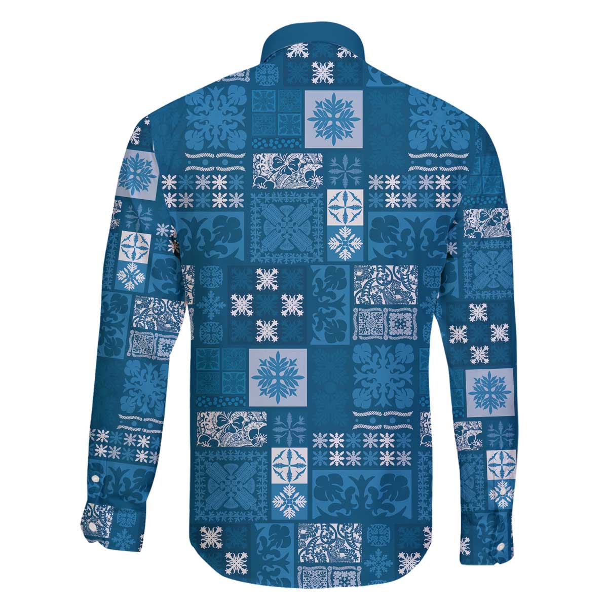 Vintage Hawaiian Quilting Patterns Family Matching Off The Shoulder Long Sleeve Dress and Hawaiian Shirt Blue Style Tribal Fabric Patchwork - Polynesian Pride