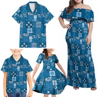 Vintage Hawaiian Quilting Patterns Family Matching Off Shoulder Maxi Dress and Hawaiian Shirt Blue Style Tribal Fabric Patchwork - Polynesian Pride