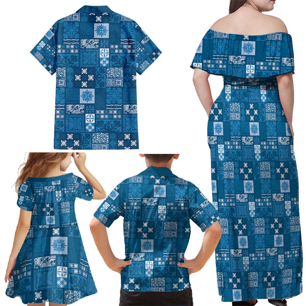 Vintage Hawaiian Quilting Patterns Family Matching Off Shoulder Maxi Dress and Hawaiian Shirt Blue Style Tribal Fabric Patchwork - Polynesian Pride