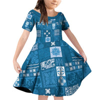 Vintage Hawaiian Quilting Patterns Family Matching Off Shoulder Short Dress and Hawaiian Shirt Blue Style Tribal Fabric Patchwork - Polynesian Pride