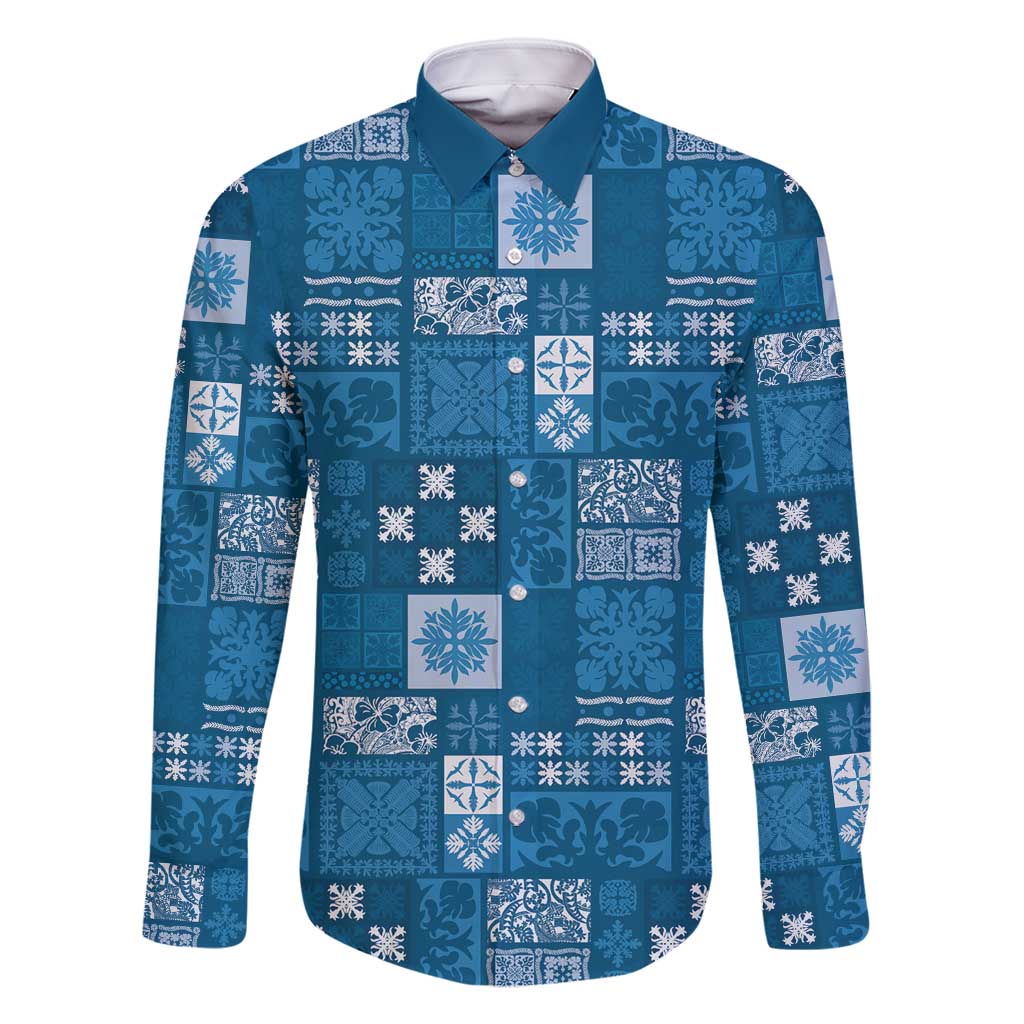 Vintage Hawaiian Quilting Patterns Family Matching Off Shoulder Short Dress and Hawaiian Shirt Blue Style Tribal Fabric Patchwork - Polynesian Pride