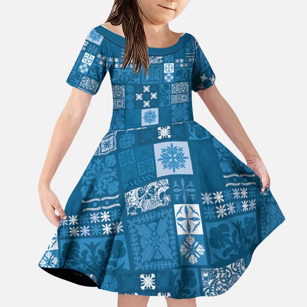 Vintage Hawaiian Quilting Patterns Family Matching Puletasi and Hawaiian Shirt Blue Style Tribal Fabric Patchwork LT9 Daughter's Dress Blue - Polynesian Pride