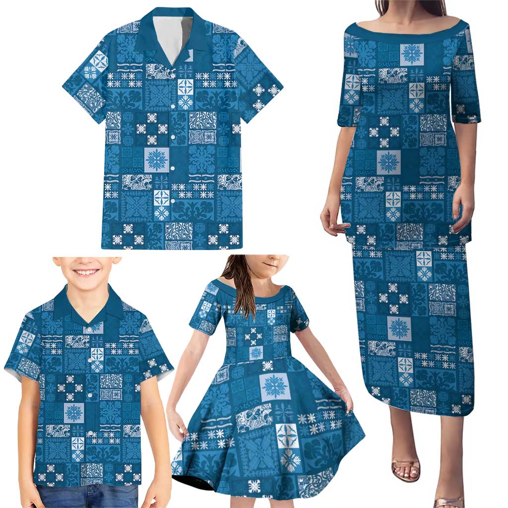 Vintage Hawaiian Quilting Patterns Family Matching Puletasi and Hawaiian Shirt Blue Style Tribal Fabric Patchwork LT9 - Polynesian Pride