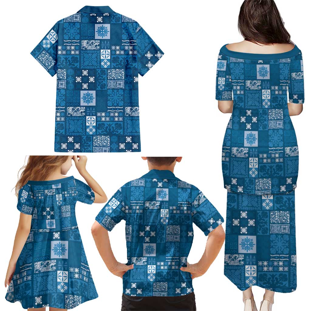 Vintage Hawaiian Quilting Patterns Family Matching Puletasi and Hawaiian Shirt Blue Style Tribal Fabric Patchwork LT9 - Polynesian Pride