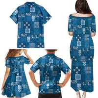 Vintage Hawaiian Quilting Patterns Family Matching Puletasi and Hawaiian Shirt Blue Style Tribal Fabric Patchwork LT9 - Polynesian Pride
