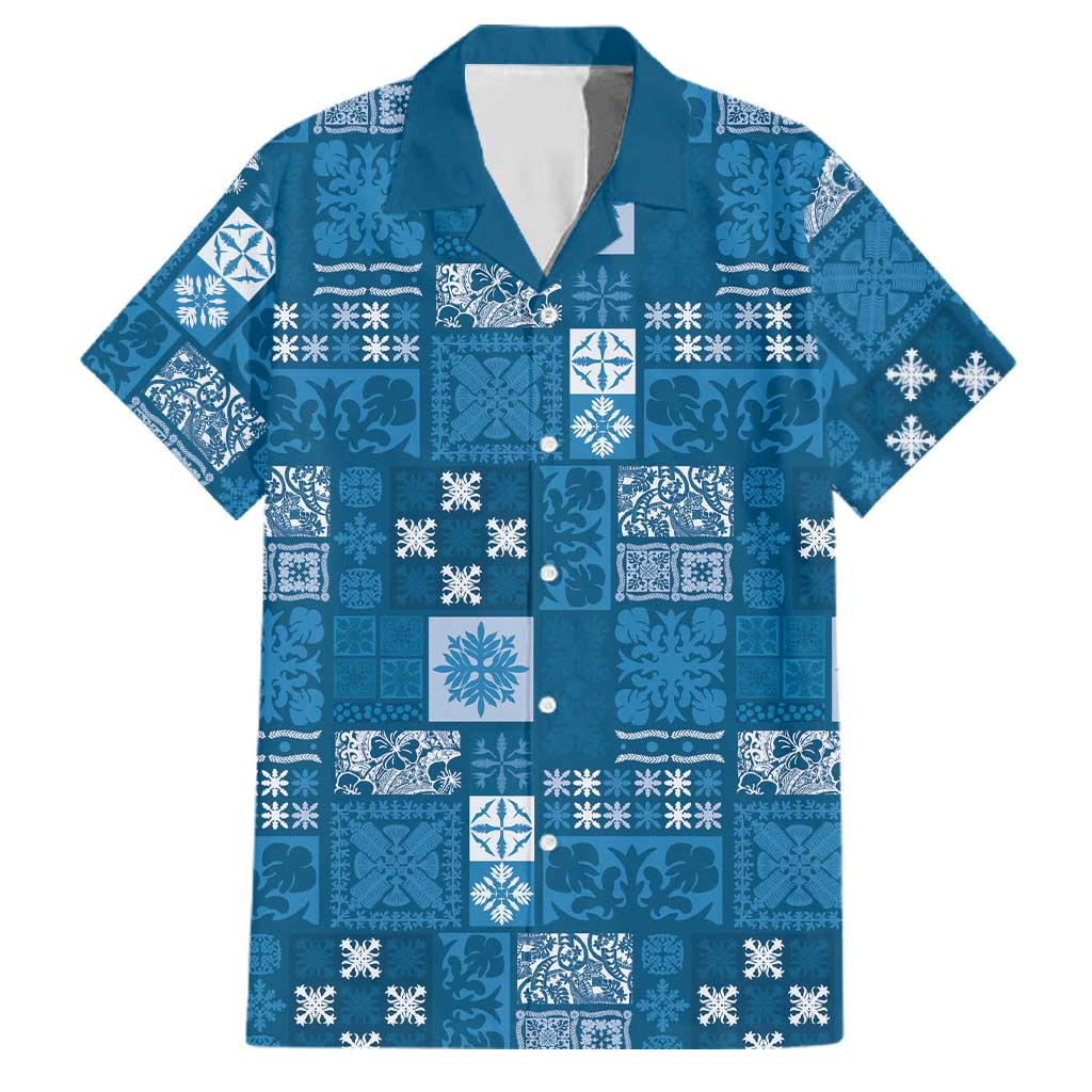 Vintage Hawaiian Quilting Patterns Family Matching Puletasi and Hawaiian Shirt Blue Style Tribal Fabric Patchwork LT9 Dad's Shirt - Short Sleeve Blue - Polynesian Pride