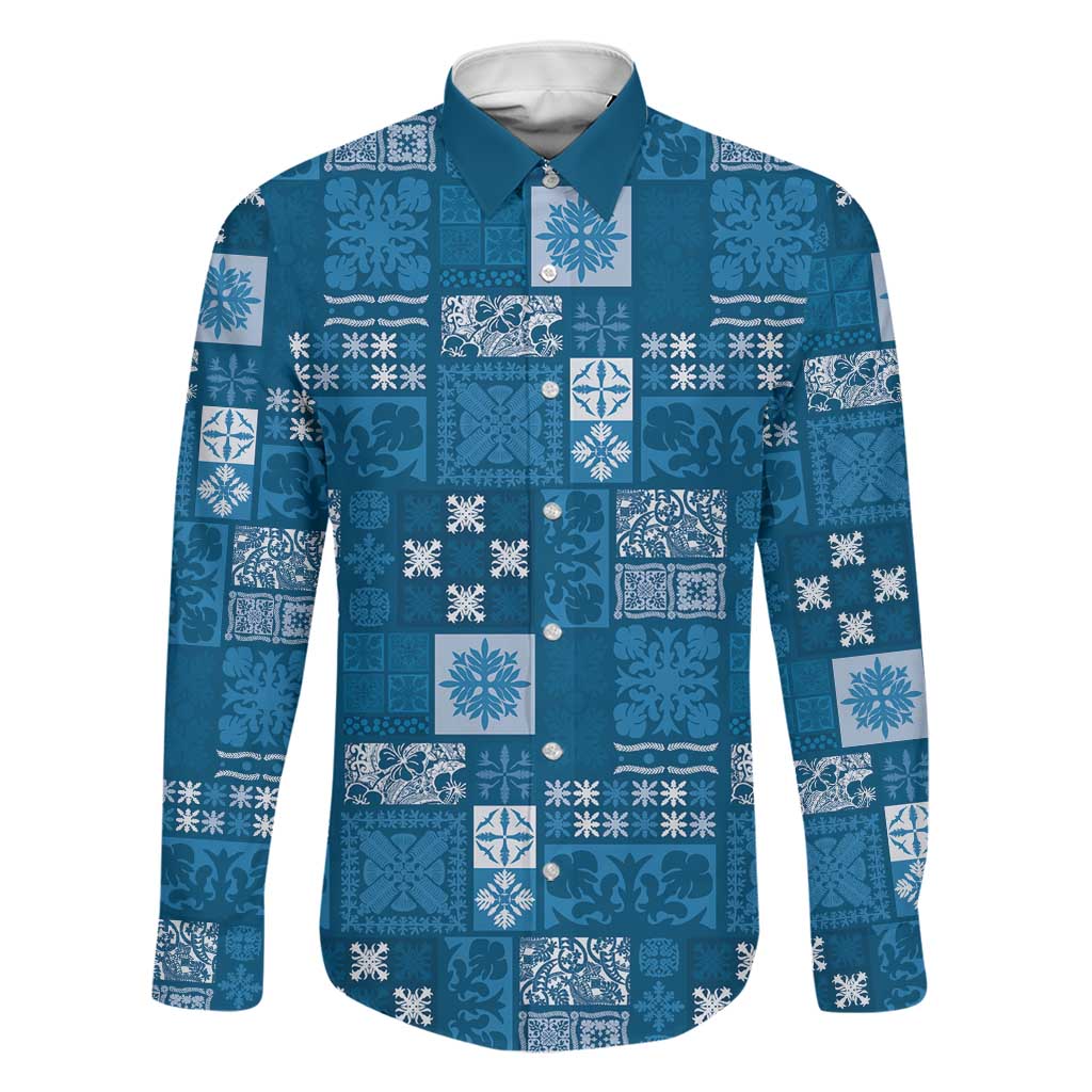 Vintage Hawaiian Quilting Patterns Family Matching Puletasi and Hawaiian Shirt Blue Style Tribal Fabric Patchwork LT9 Dad's Shirt - Long Sleeve Blue - Polynesian Pride