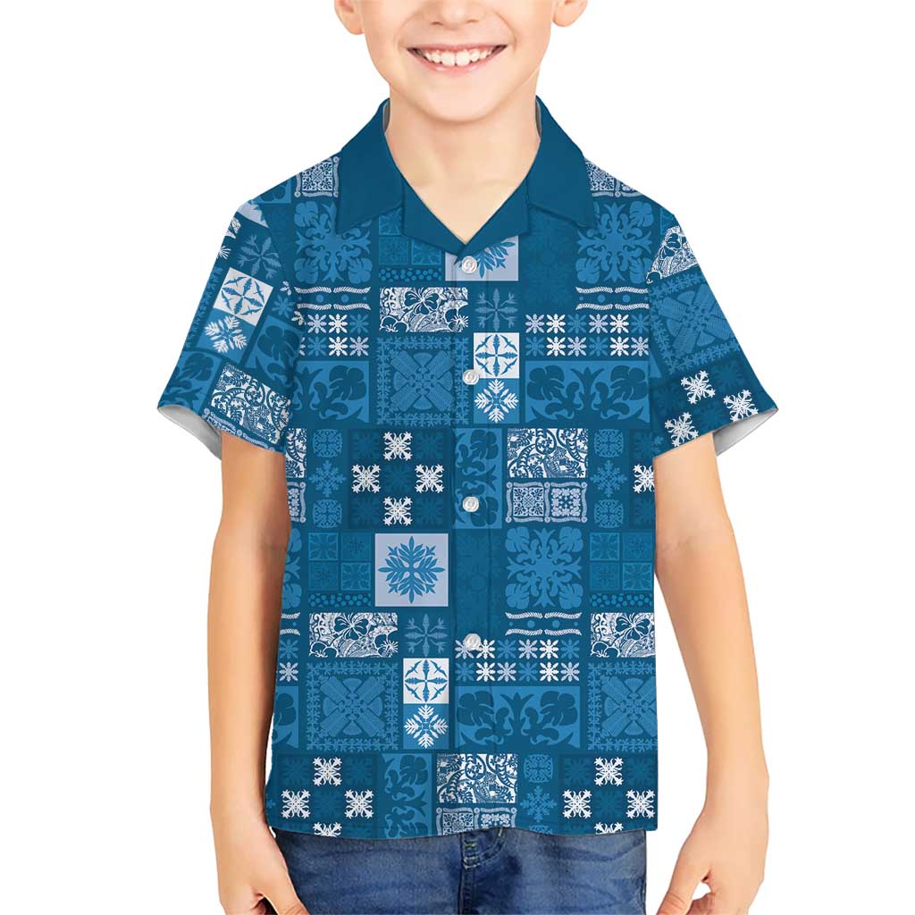 Vintage Hawaiian Quilting Patterns Family Matching Puletasi and Hawaiian Shirt Blue Style Tribal Fabric Patchwork LT9 Son's Shirt Blue - Polynesian Pride
