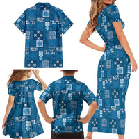Vintage Hawaiian Quilting Patterns Family Matching Short Sleeve Bodycon Dress and Hawaiian Shirt Blue Style Tribal Fabric Patchwork - Polynesian Pride
