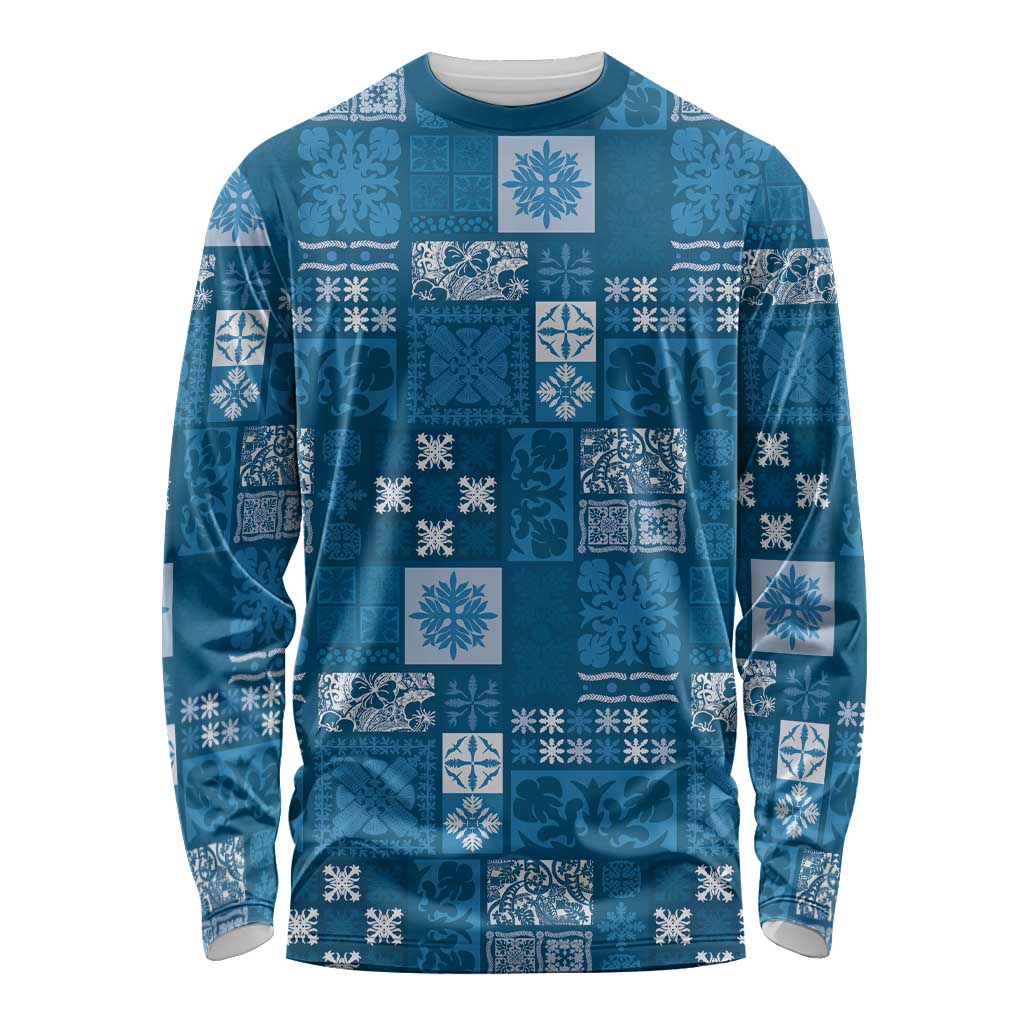 Vintage Hawaiian Quilting Patterns Long Sleeve Shirt Blue Style Tribal Fabric Patchwork - Polynesian Pride