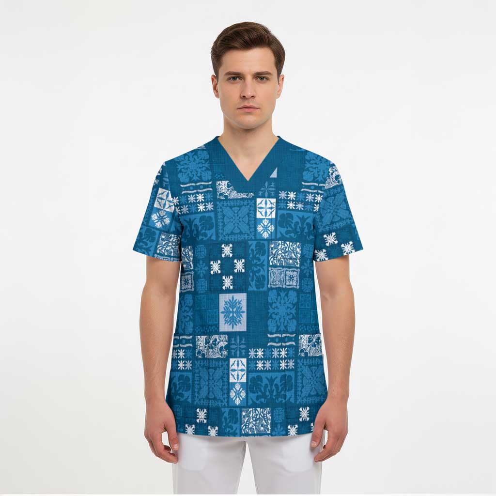 Vintage Hawaiian Quilting Patterns Scrub Top Blue Style Tribal Fabric Patchwork - Polynesian Pride