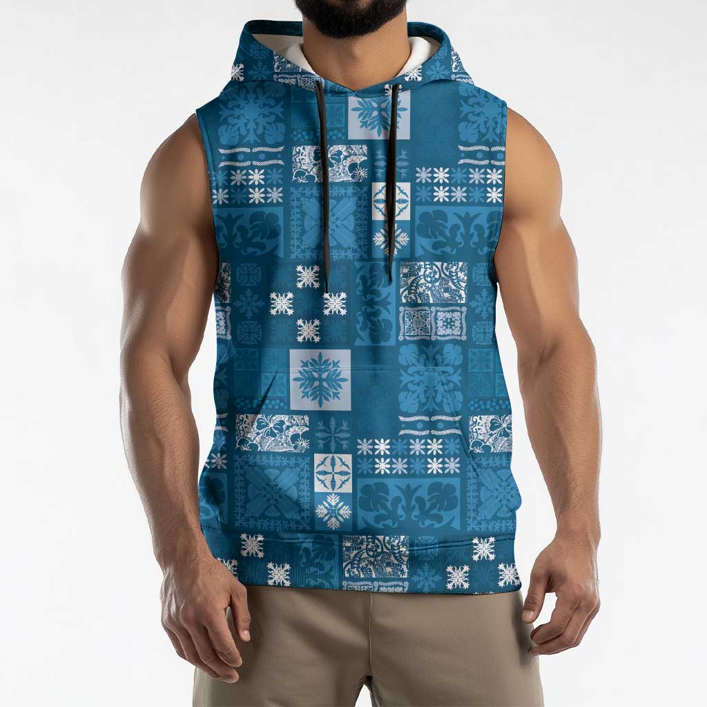 Vintage Hawaiian Quilting Patterns Sleeveless Hoodie Blue Style Tribal Fabric Patchwork - Polynesian Pride