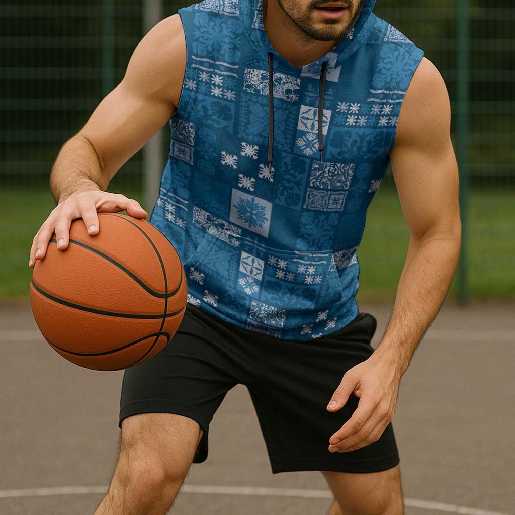 Vintage Hawaiian Quilting Patterns Sleeveless Hoodie Blue Style Tribal Fabric Patchwork - Polynesian Pride