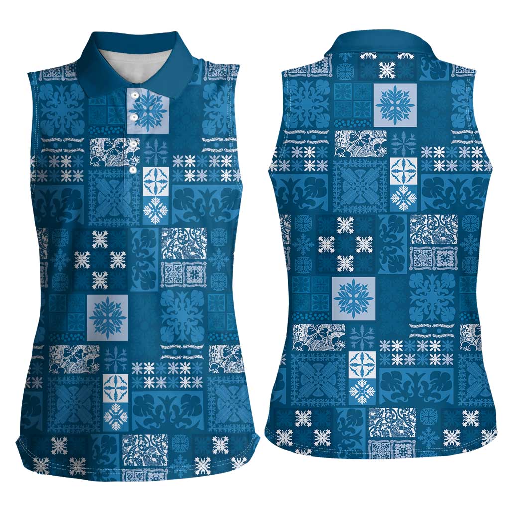 Vintage Hawaiian Quilting Patterns Women Sleeveless Polo Shirt Blue Style Tribal Fabric Patchwork - Polynesian Pride