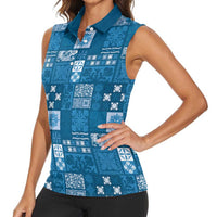 Vintage Hawaiian Quilting Patterns Women Sleeveless Polo Shirt Blue Style Tribal Fabric Patchwork - Polynesian Pride