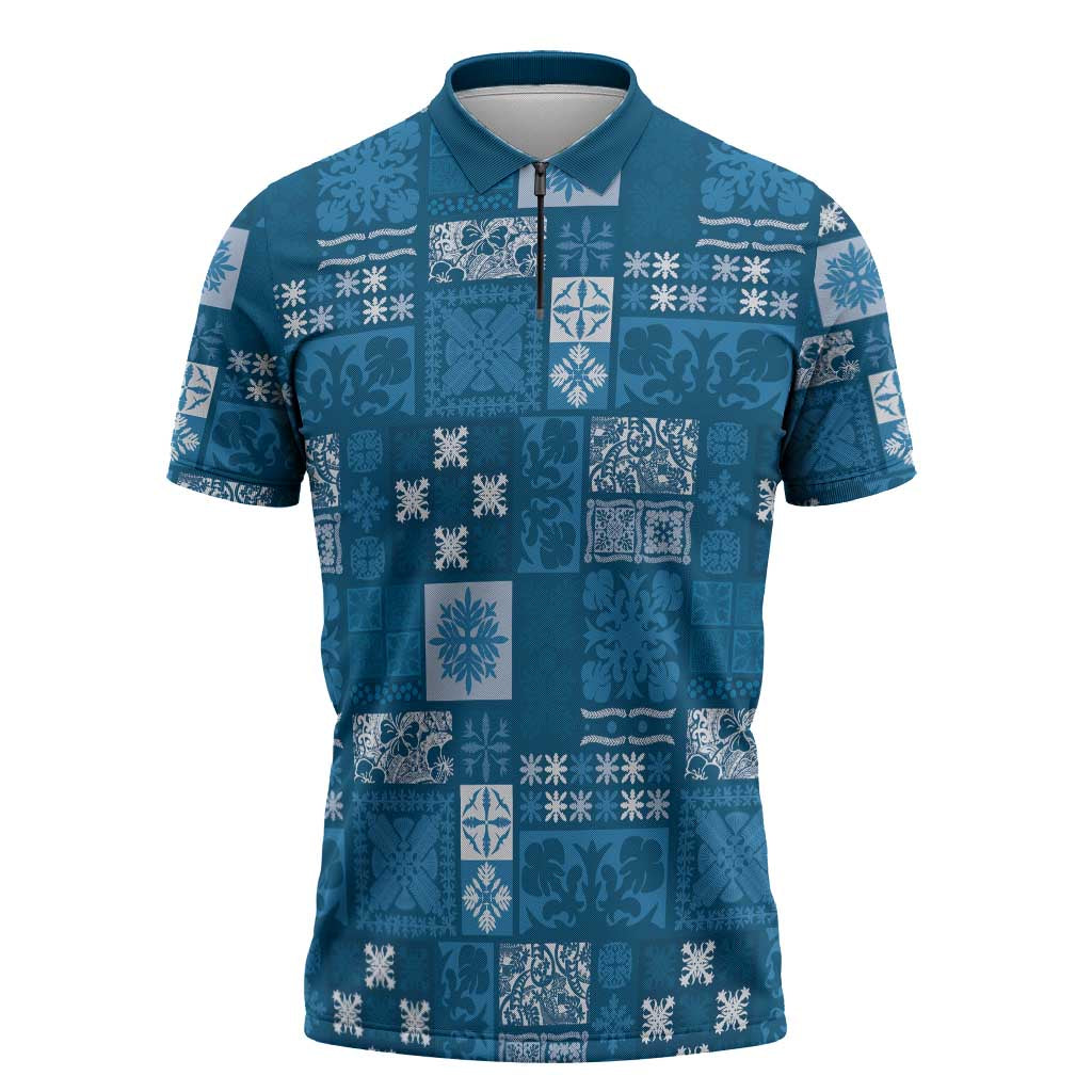Vintage Hawaiian Quilting Patterns Zipper Polo Shirt Blue Style Tribal Fabric Patchwork - Polynesian Pride
