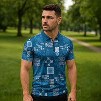 Vintage Hawaiian Quilting Patterns Zipper Polo Shirt Blue Style Tribal Fabric Patchwork - Polynesian Pride