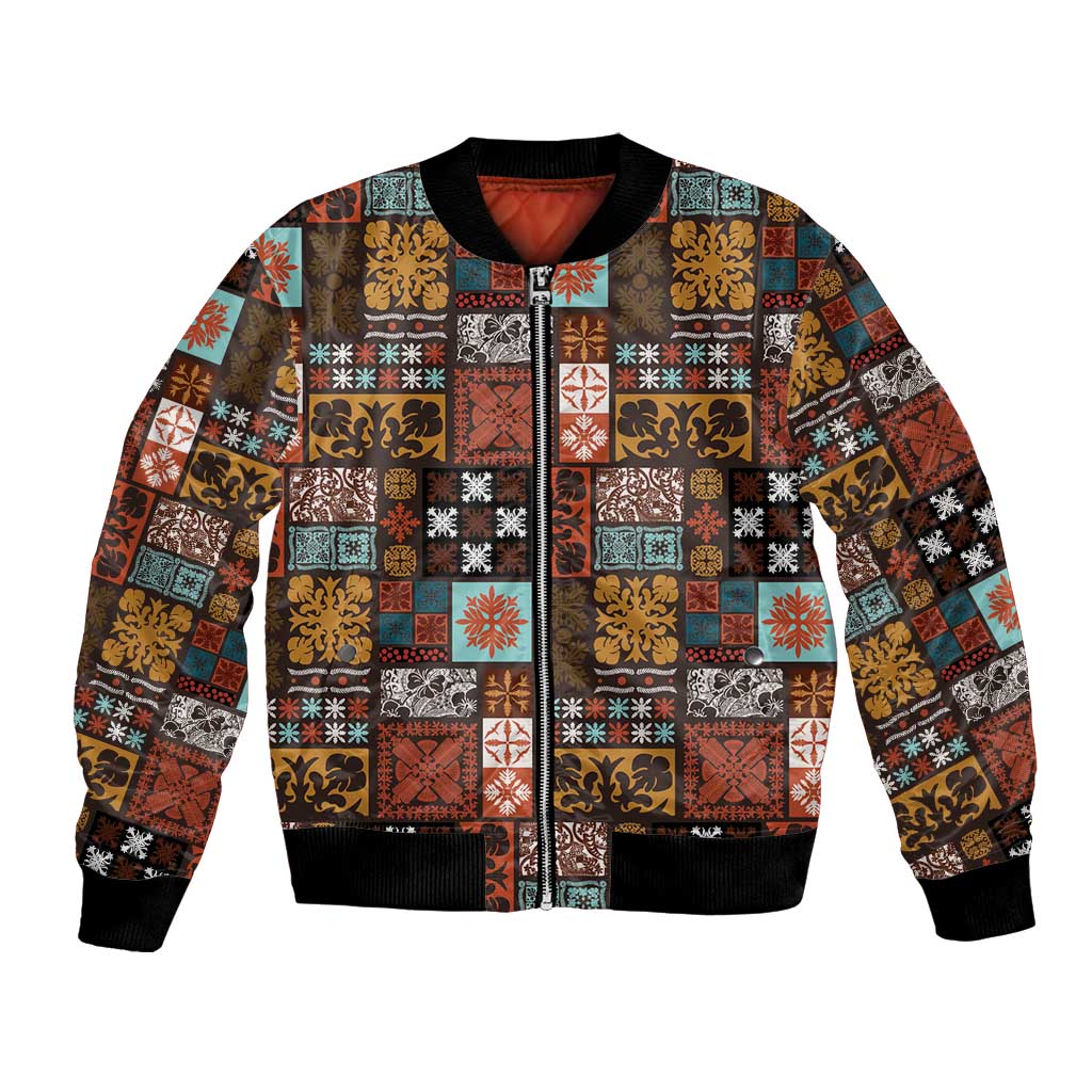 Vintage Hawaiian Quilting Patterns Bomber Jacket Brown Style Tribal Fabric Patchwork - Polynesian Pride