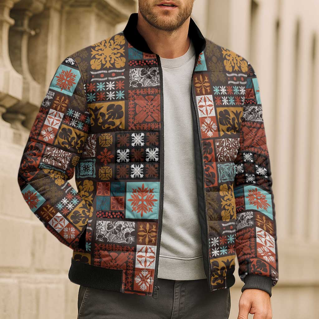 Vintage Hawaiian Quilting Patterns Bomber Puffer Jacket Brown Style Tribal Fabric Patchwork - Polynesian Pride