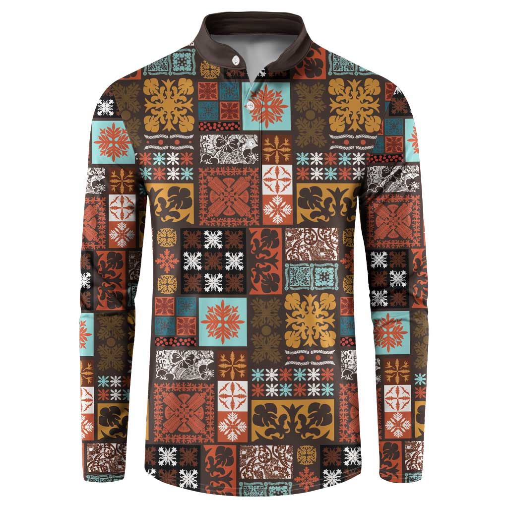 Vintage Hawaiian Quilting Patterns Button Sweatshirt Brown Style Tribal Fabric Patchwork - Polynesian Pride