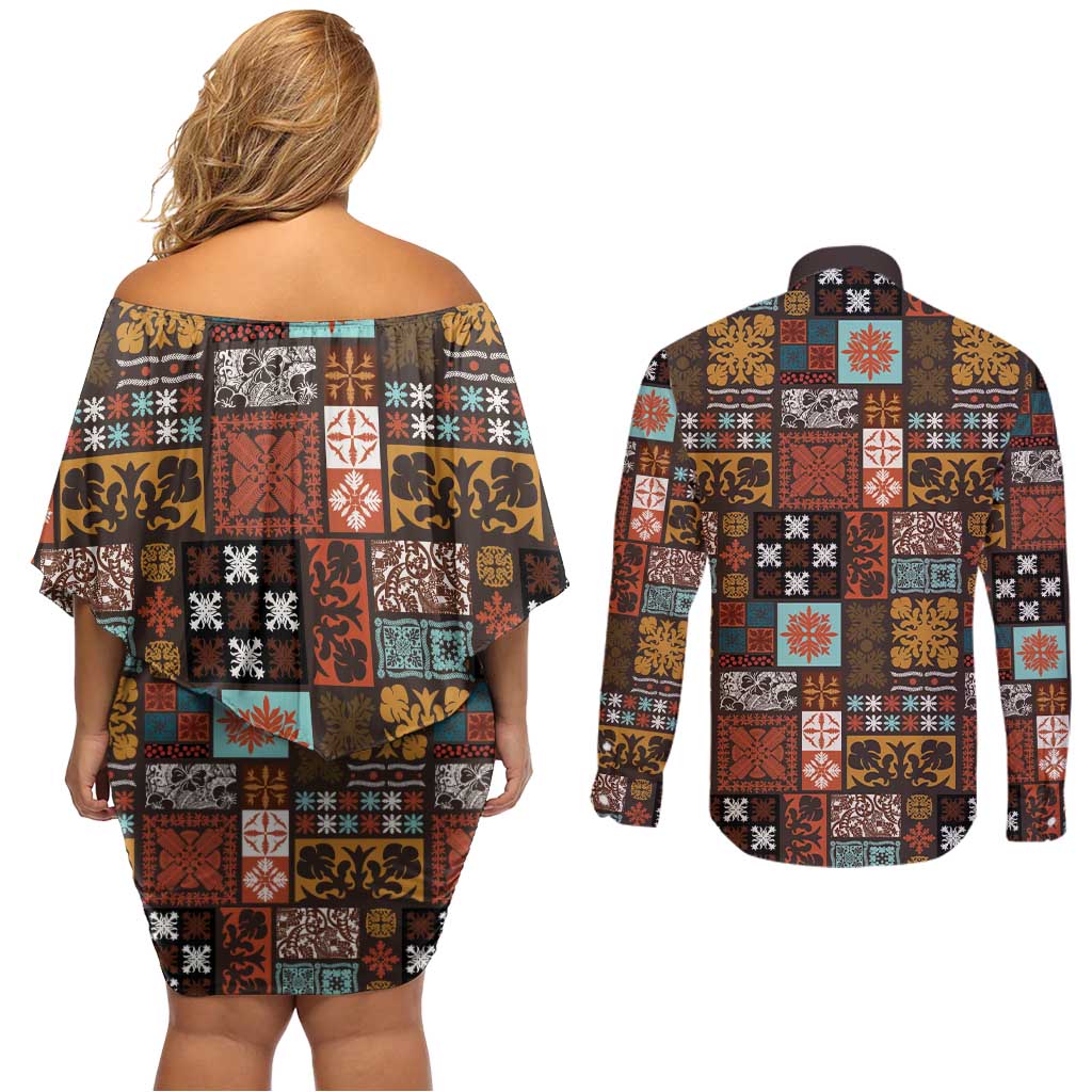 Vintage Hawaiian Quilting Patterns Couples Matching Off Shoulder Short Dress and Long Sleeve Button Shirt Brown Style Tribal Fabric Patchwork - Polynesian Pride