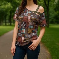 Vintage Hawaiian Quilting Patterns Cross Shoulder Shirt Brown Style Tribal Fabric Patchwork - Polynesian Pride