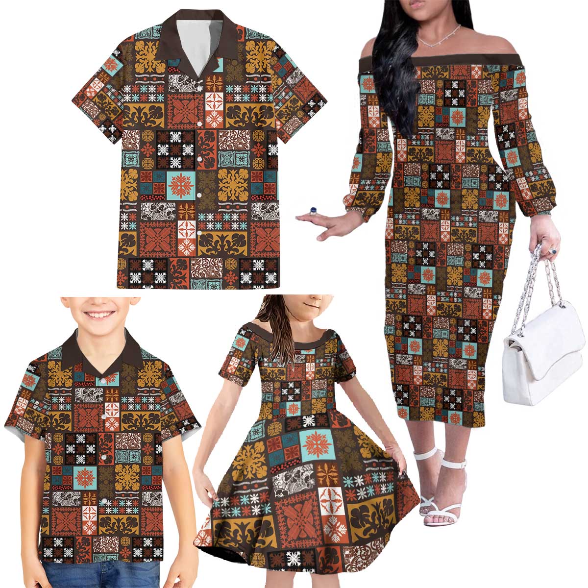 Vintage Hawaiian Quilting Patterns Family Matching Off The Shoulder Long Sleeve Dress and Hawaiian Shirt Brown Style Tribal Fabric Patchwork - Polynesian Pride