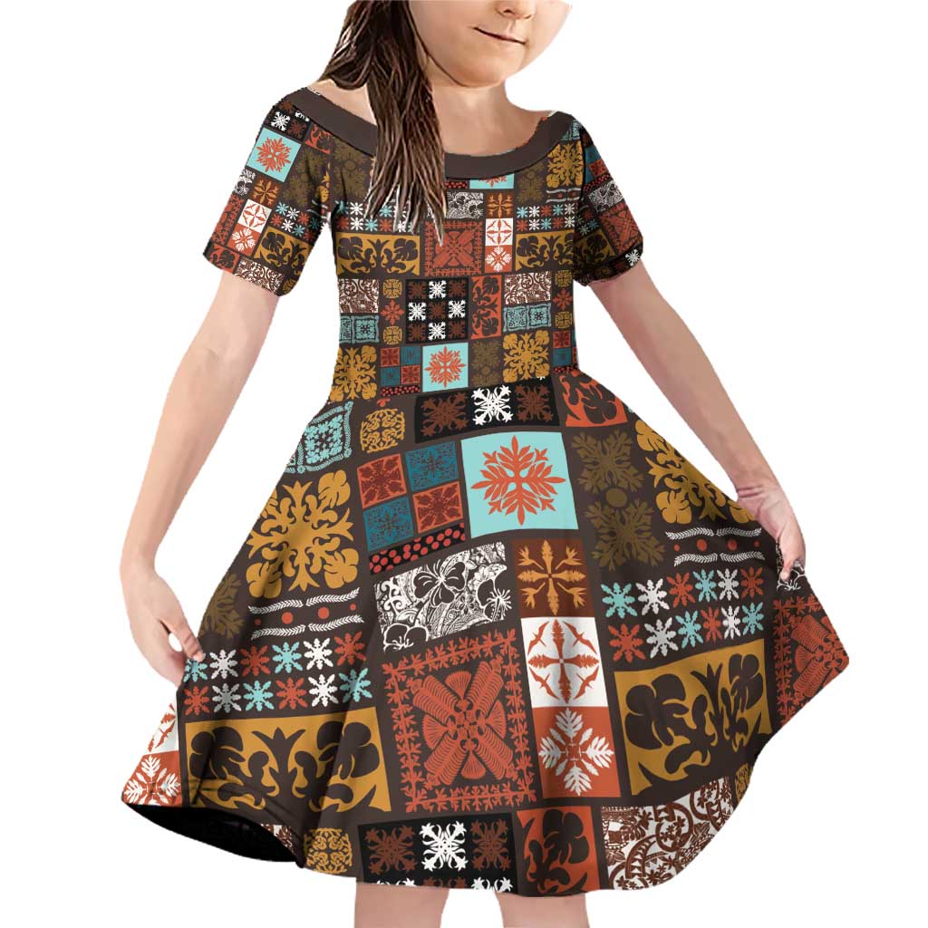 Vintage Hawaiian Quilting Patterns Family Matching Off Shoulder Short Dress and Hawaiian Shirt Brown Style Tribal Fabric Patchwork - Polynesian Pride