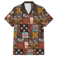 Vintage Hawaiian Quilting Patterns Family Matching Off Shoulder Short Dress and Hawaiian Shirt Brown Style Tribal Fabric Patchwork - Polynesian Pride