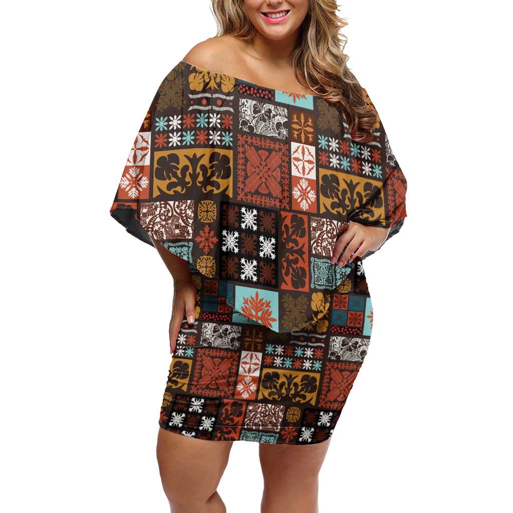 Vintage Hawaiian Quilting Patterns Family Matching Off Shoulder Short Dress and Hawaiian Shirt Brown Style Tribal Fabric Patchwork - Polynesian Pride