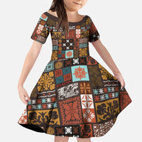 Vintage Hawaiian Quilting Patterns Family Matching Puletasi and Hawaiian Shirt Brown Style Tribal Fabric Patchwork LT9 Daughter's Dress Brown - Polynesian Pride