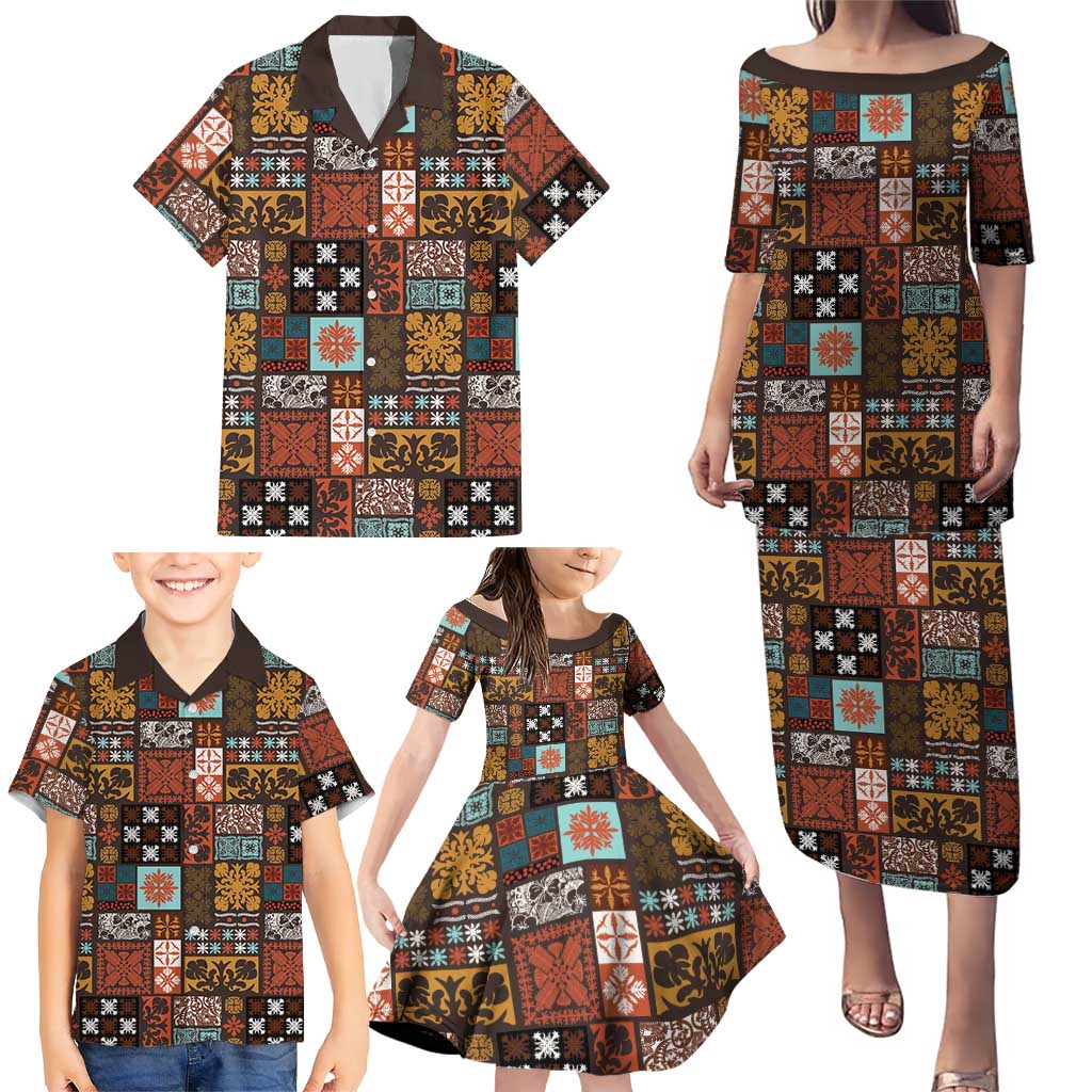 Vintage Hawaiian Quilting Patterns Family Matching Puletasi and Hawaiian Shirt Brown Style Tribal Fabric Patchwork LT9 - Polynesian Pride