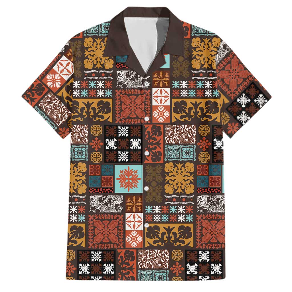 Vintage Hawaiian Quilting Patterns Family Matching Puletasi and Hawaiian Shirt Brown Style Tribal Fabric Patchwork LT9 Dad's Shirt - Short Sleeve Brown - Polynesian Pride