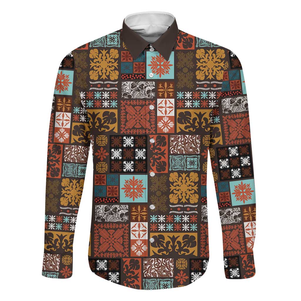 Vintage Hawaiian Quilting Patterns Family Matching Puletasi and Hawaiian Shirt Brown Style Tribal Fabric Patchwork LT9 Dad's Shirt - Long Sleeve Brown - Polynesian Pride