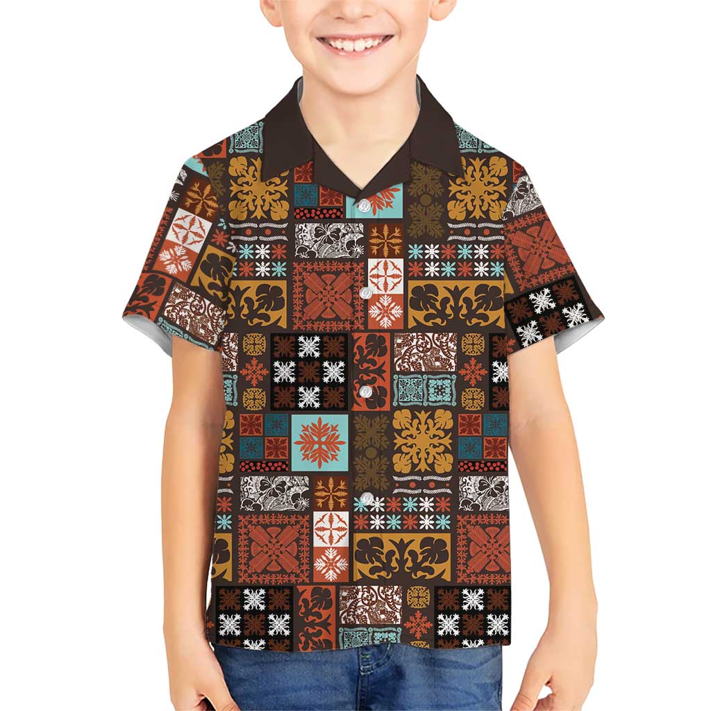 Vintage Hawaiian Quilting Patterns Family Matching Puletasi and Hawaiian Shirt Brown Style Tribal Fabric Patchwork LT9 Son's Shirt Brown - Polynesian Pride